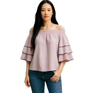 THE IMPECCABLE PIG STRIPED OFF THE SHOULDER RUFFLED SLEEVE SMOCKED BLOUSE TOP M